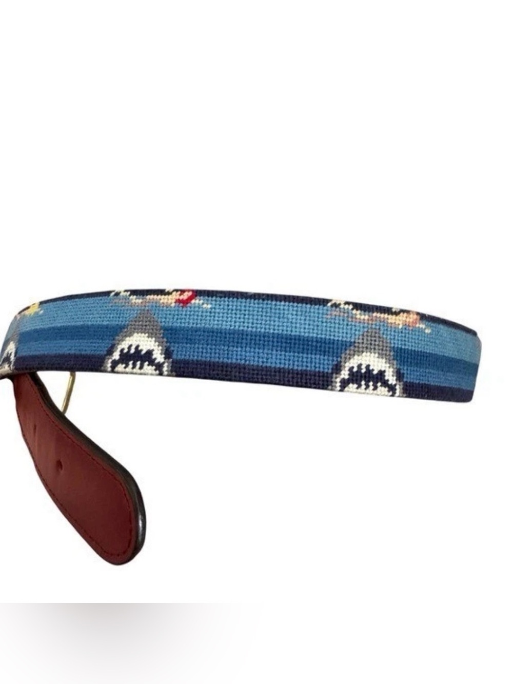 Tucker Blair Brown Leather Shark Swimmer Needlepoint Brass Buckle Belt Sz 34"